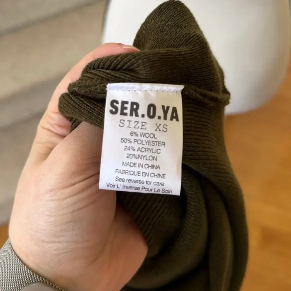 SER.O.YA Olive Green Diana Turtleneck High Slit Blouson Sweater Dress